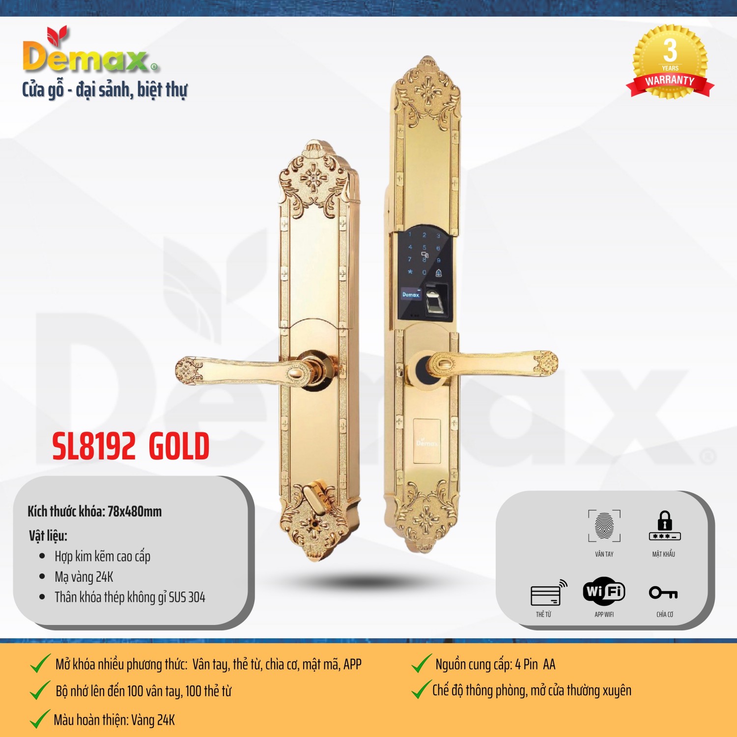 Khóa đai sảnh Demax EL8192 GOLD APP WIFI