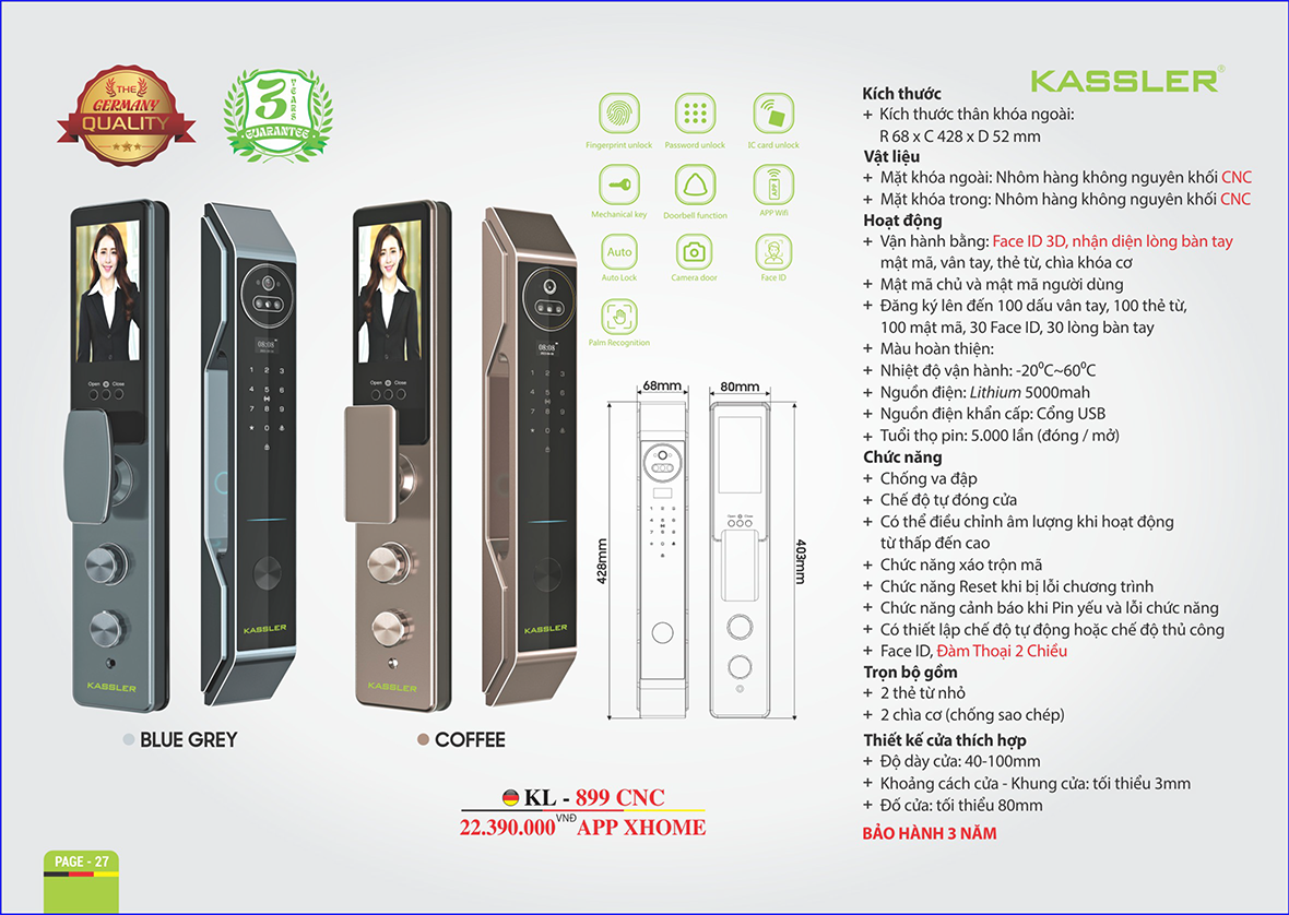 Khóa cửa gỗ Kassler KL-899 CNC Silver Blue