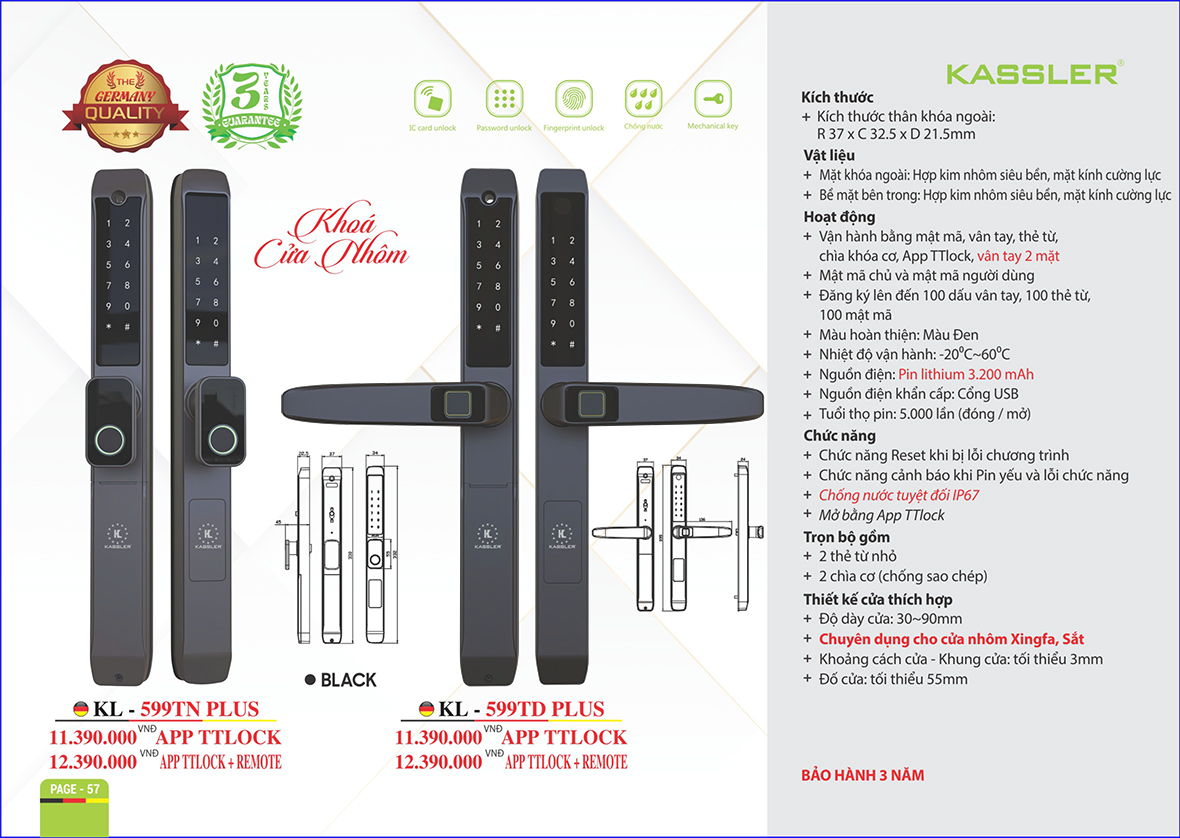 Khóa vân tay cửa nhôm Kassler KL599TD PLUS BLACK