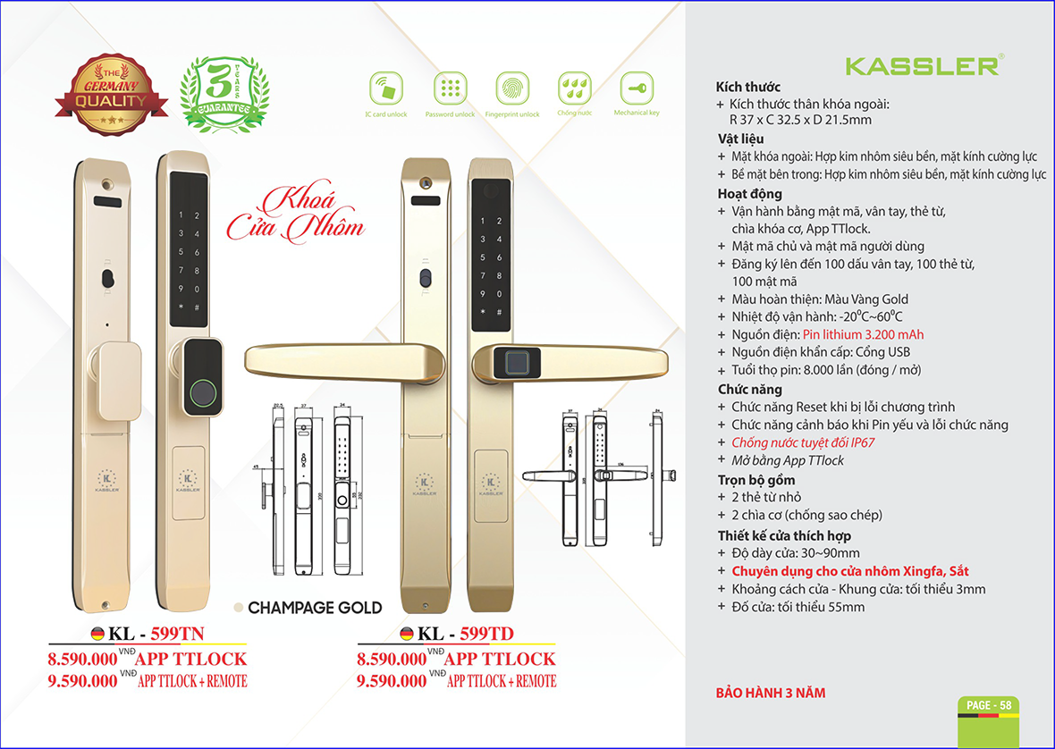 Khóa vân tay cửa nhôm Kassler KL599TD CHAMPAGE GOLD