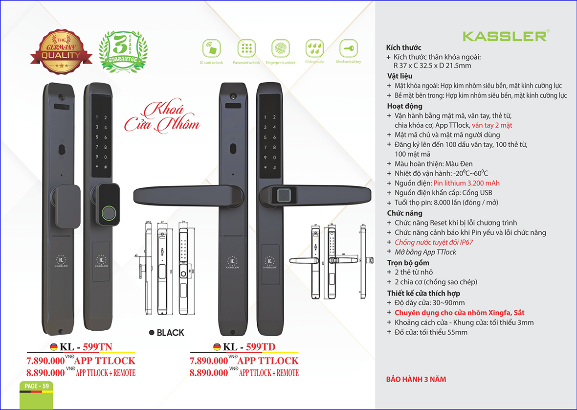 Khóa vân tay cửa nhôm Kassler KL599TD BLACK PIN SẠC