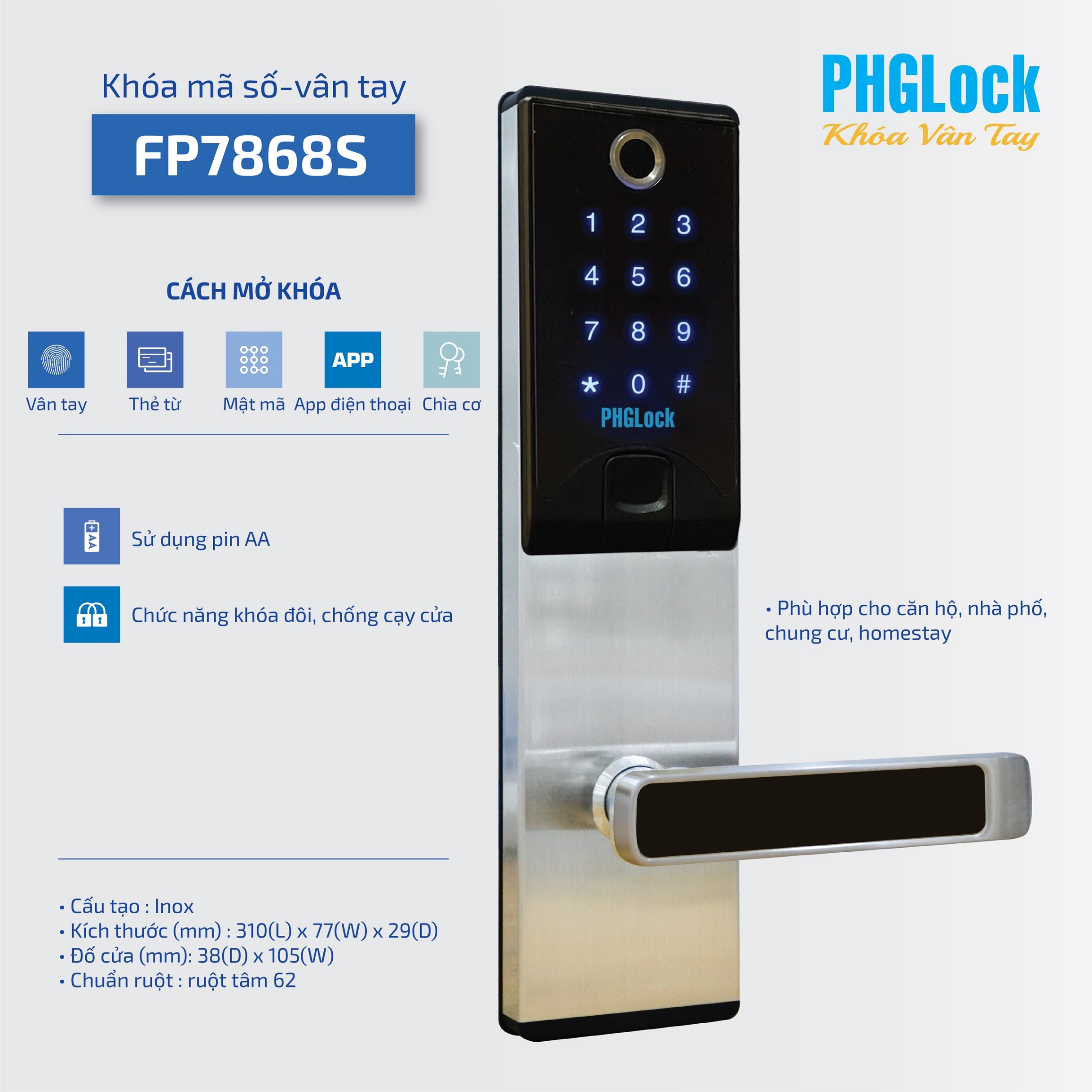 Khóa vân tay PHGLock FP7868S / APP